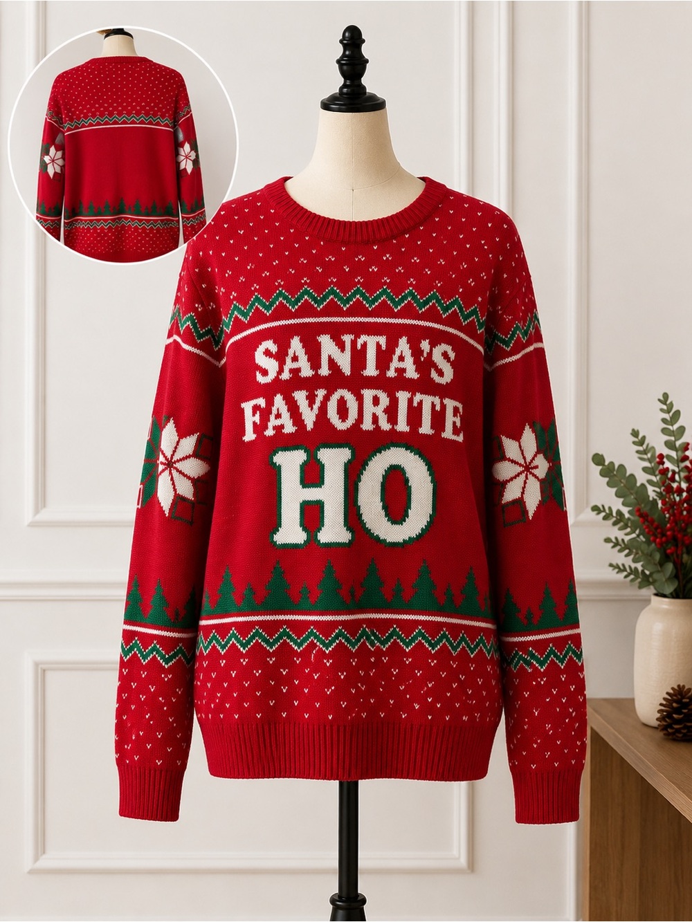 Santa’s Favorite HO Red Christmas Crewneck Sweater with Green & White Accents